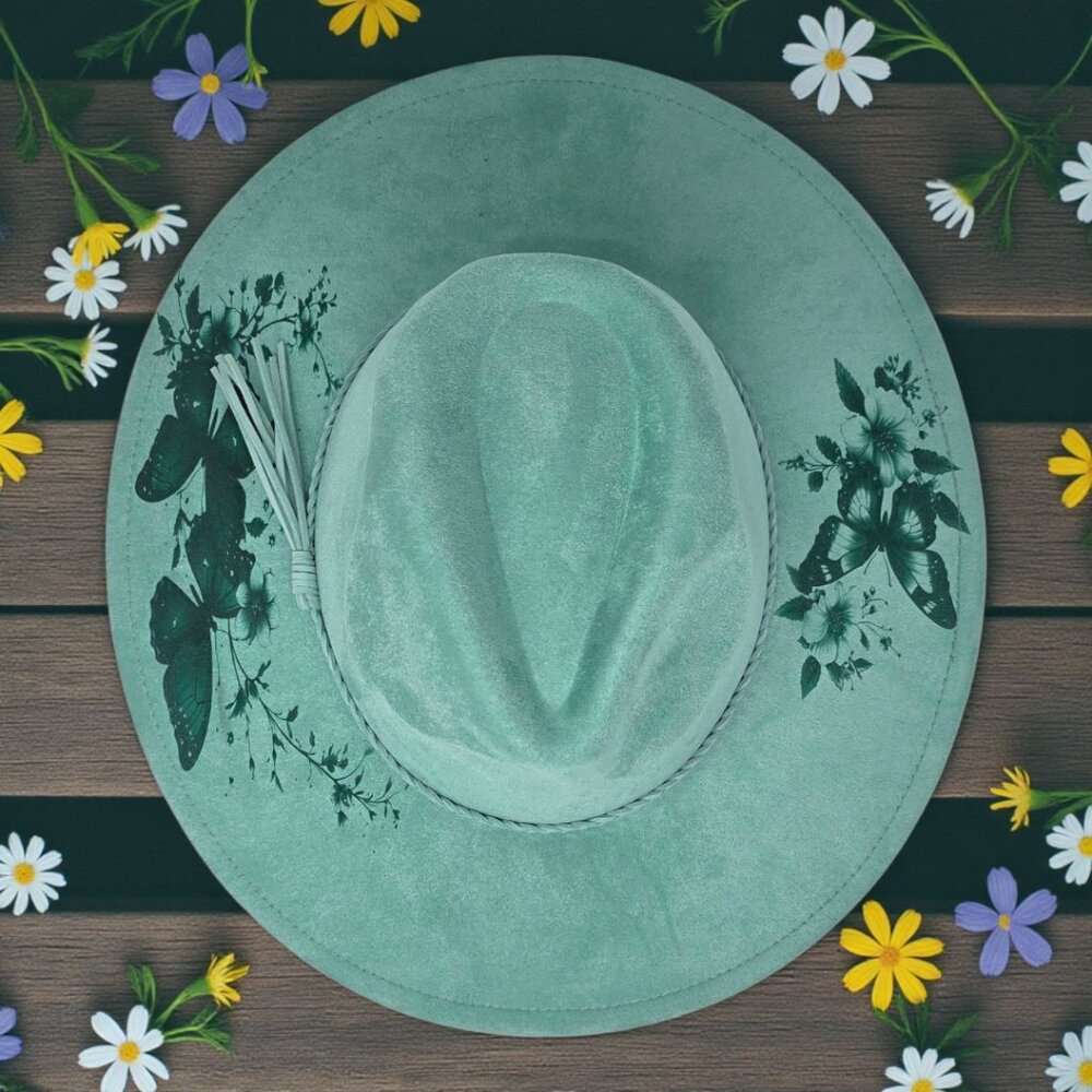 Seafoam Green Vegan Suede Wide-Brim Hat – Laser Engraved Flowers & Butterflies